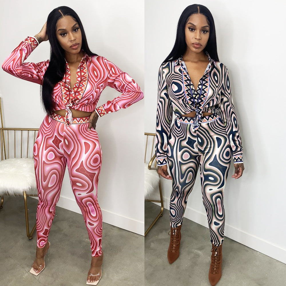 Sexy Print Long-Sleeve Tight Casual Suit