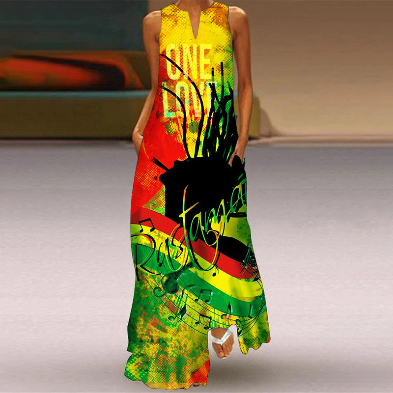 Four-Sided Stretch V-Neck Printed Sleeveless Dress