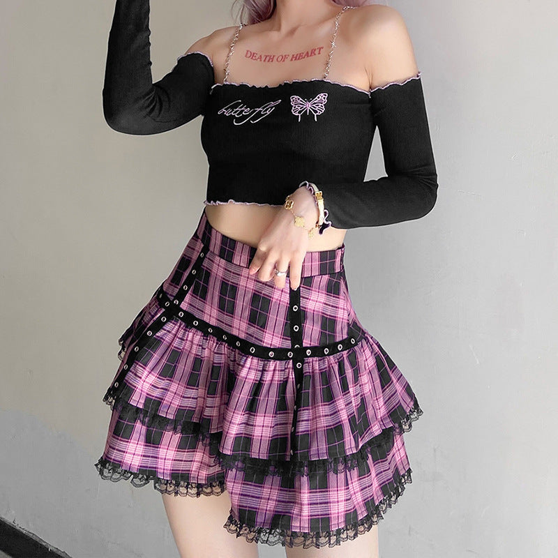 Casual High-Waist Plaid Lace Ruffle Skirt