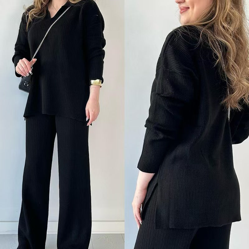 AutumnWinter New Style Fashion Solid Color Loose Hem Split Knit Sweater Two-Piece Set For Women