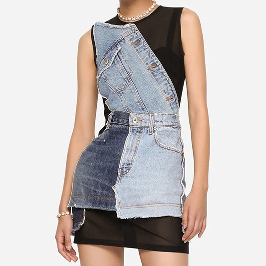 Artistic Denim Stitching Mesh Zipper Dress