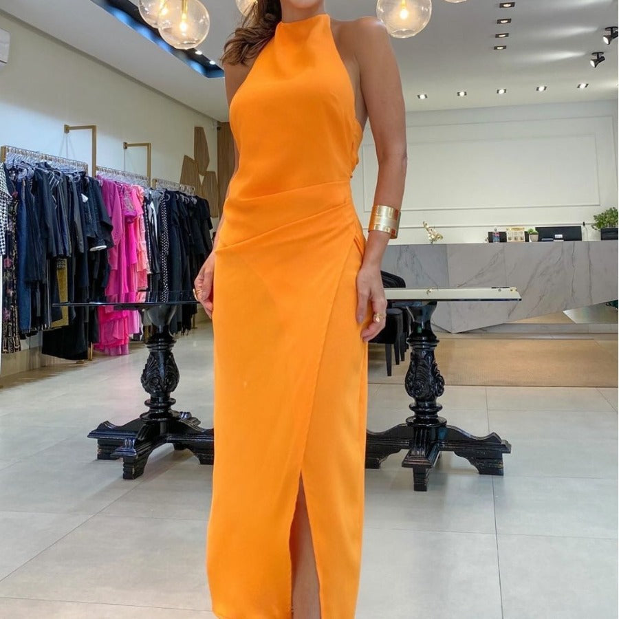 Backless Halter Slit Fold Asymmetric Dress