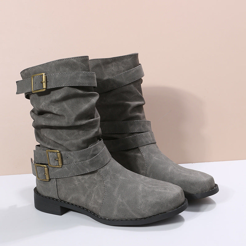 Low-Heel Vintage Adjustable-Buckle Boots