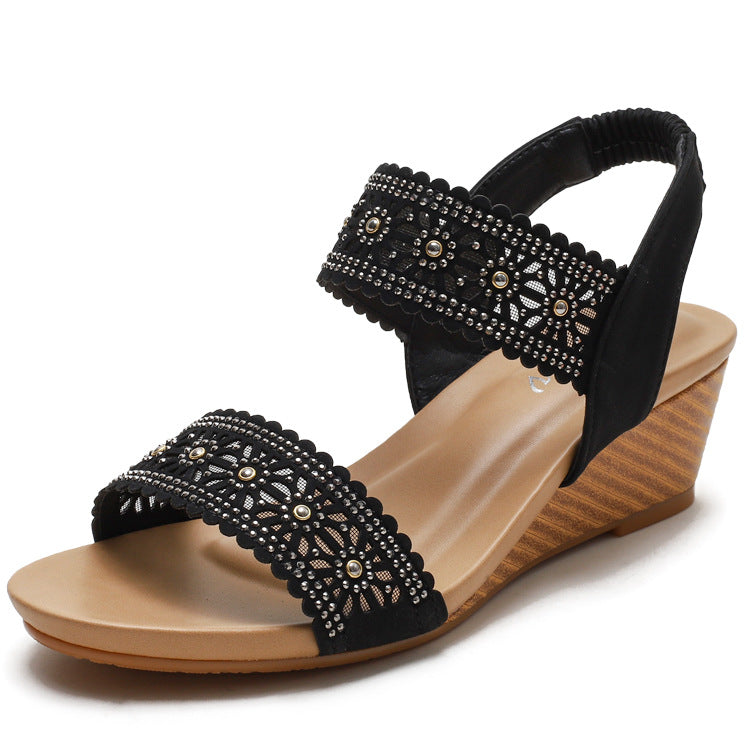 Women's Flower Hollow-Out Sandals With Rhinestones Wedges