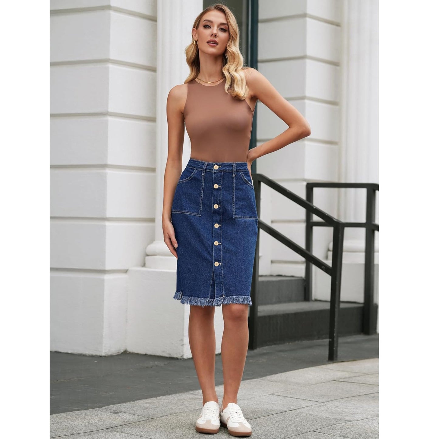 Womens Solid-Color Raw-Hem Elegant Stylish Stretch Denim Skirt