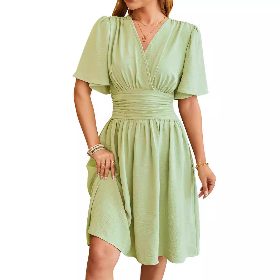 V-Neck Fitted-Waist Flare-Sleeve Midi Dress