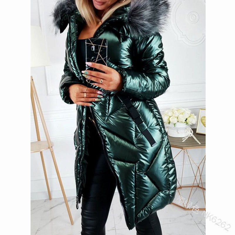 Glossy PU Big Fur Collar Jacket