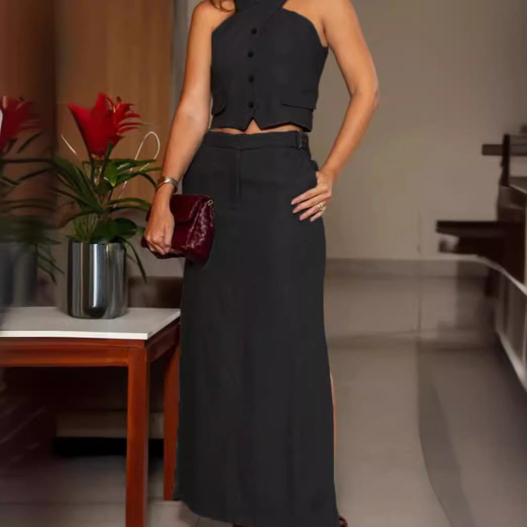 Sleeveless Vest Top High-Waist Skirt Outfit
