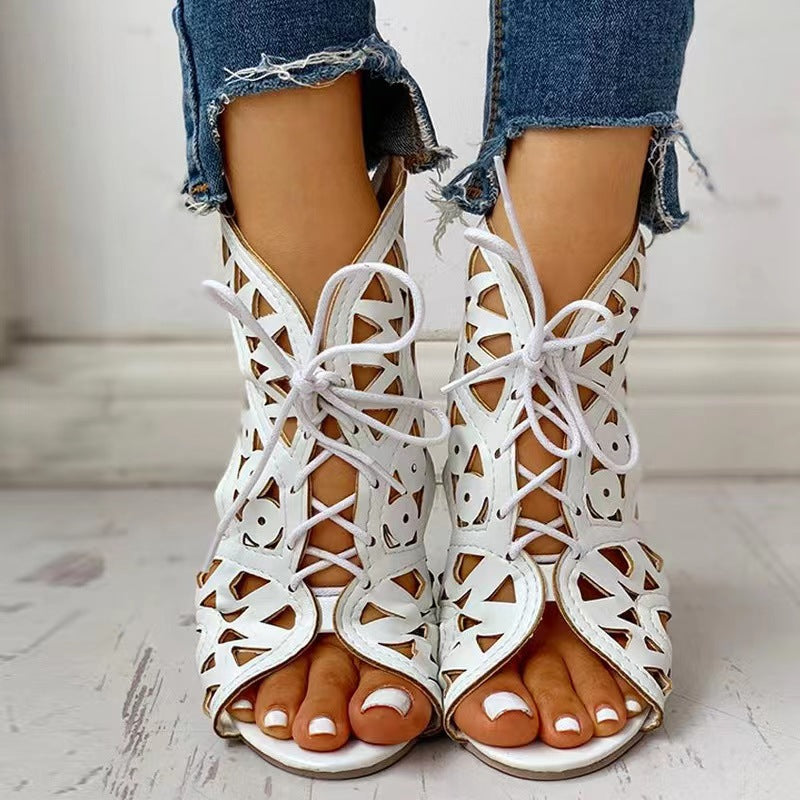 Low-Heel Lace-Up Fashion Cutout Sandals For Women