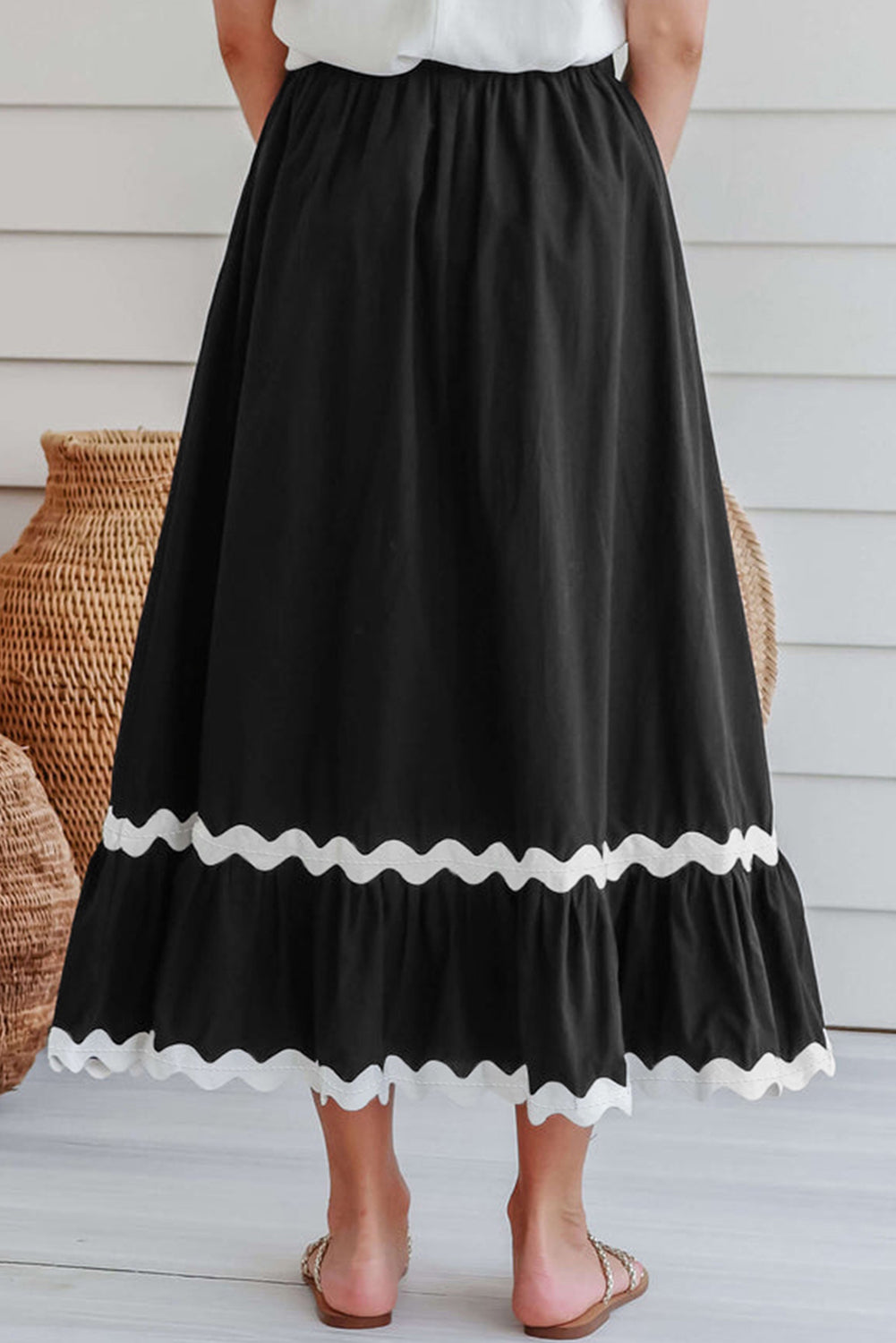 Black Ricrac Trim Colourblock High-Waist Skirt