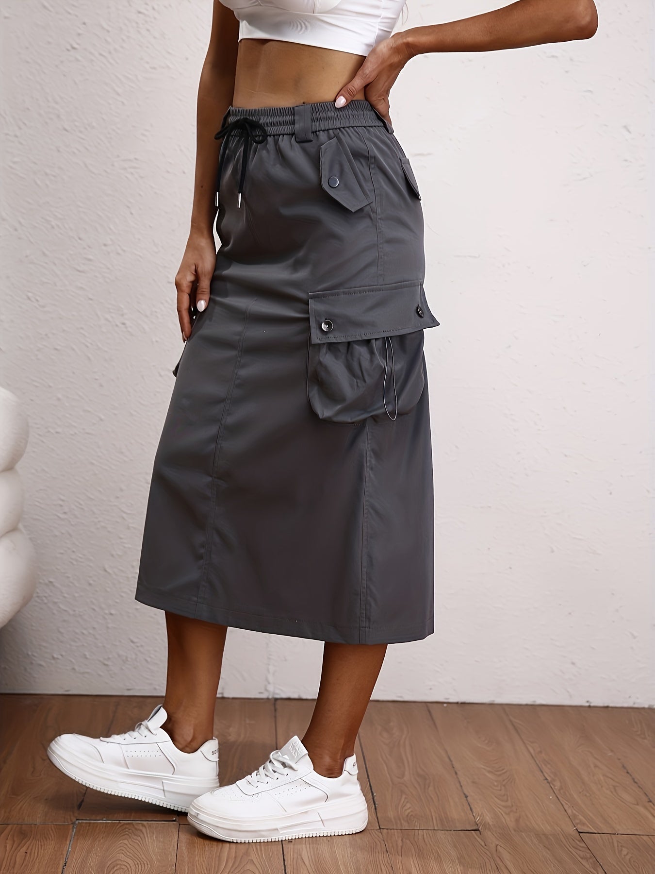 Solid Flap Pockets Skirt