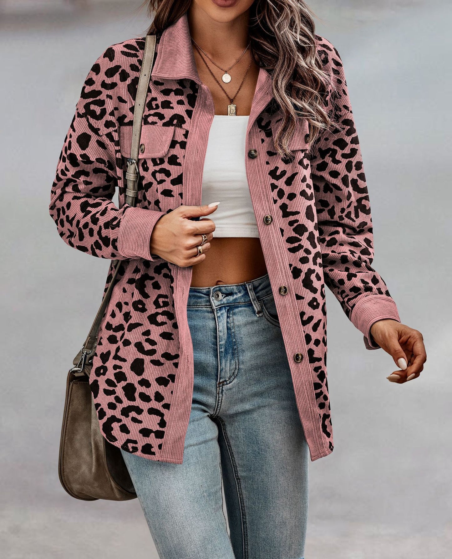Leopard Print Corduroy Shirt Jacket