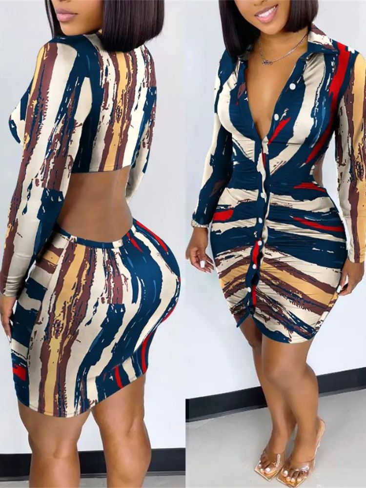 Gorgeous Printed Fashion Midriff Outfit Sheath Long-Sleeve Dress