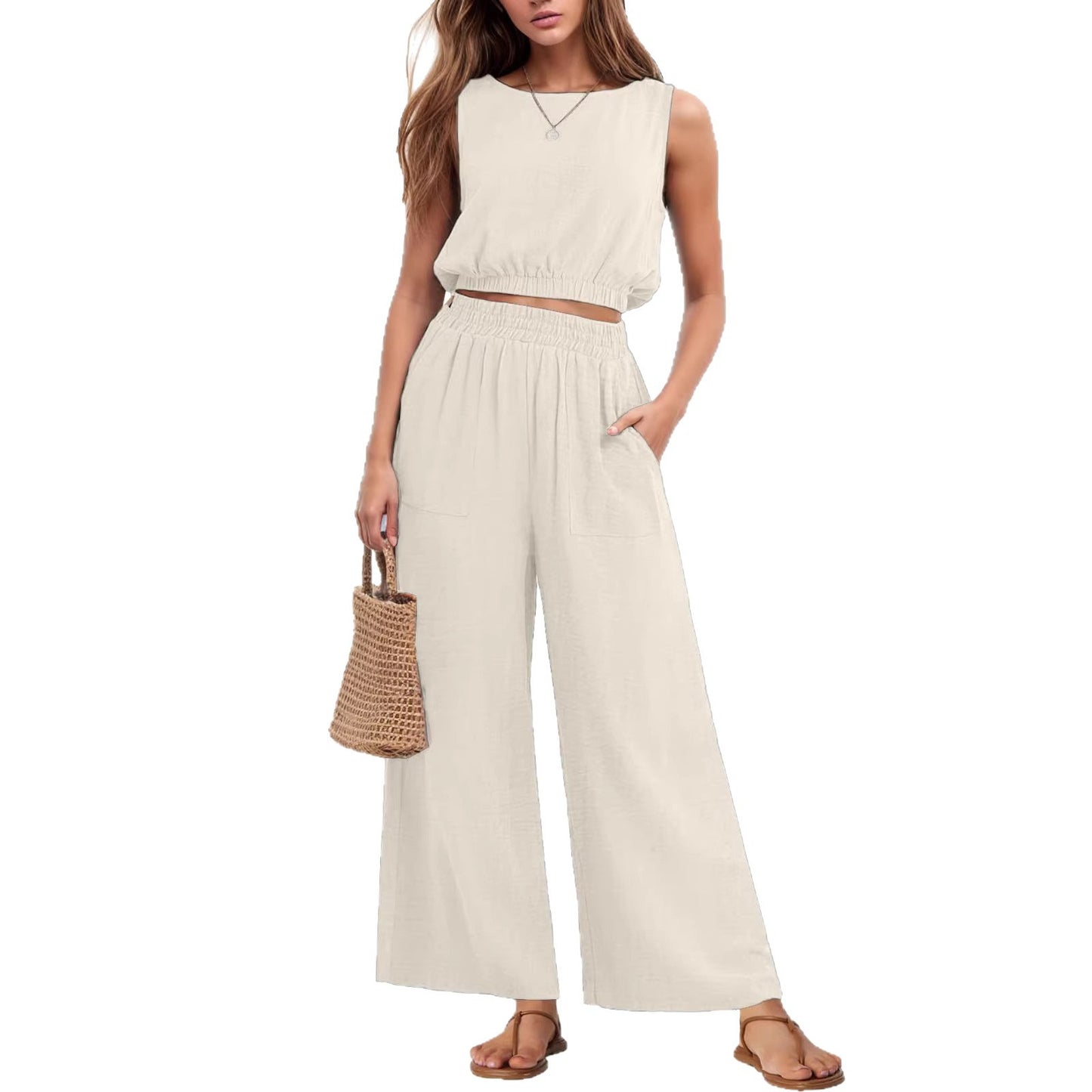 Womens Casual Round-Neck Sleeveless High-Waist Wide-Leg Two-Piece Set With Elastic Hem