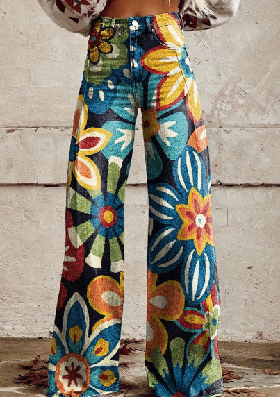 Women's 3D Printed Denim Wide-Leg Pants