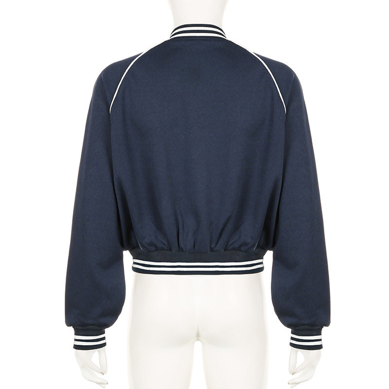 Retro American College-Style Colour Contrast Patchwork Stand-Collar Baseball Jacket