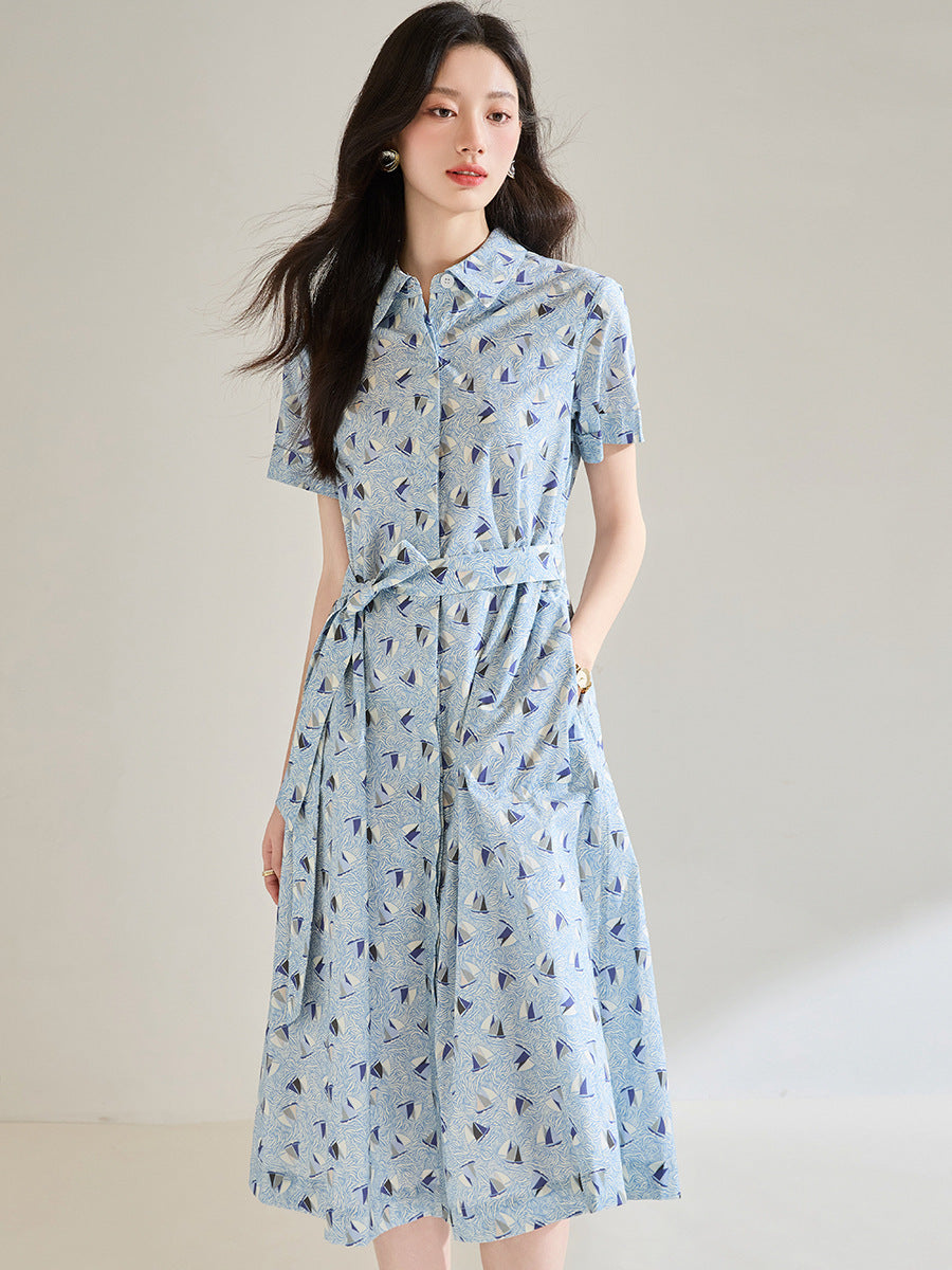 Anti-wrinkle Cotton Printed Blue Round Neck Long Dress