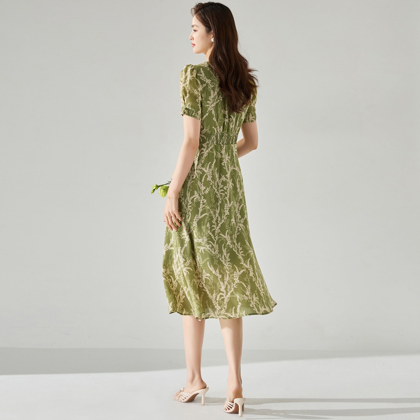Avocado Green Chiffon Printed Tea V-neck Dress