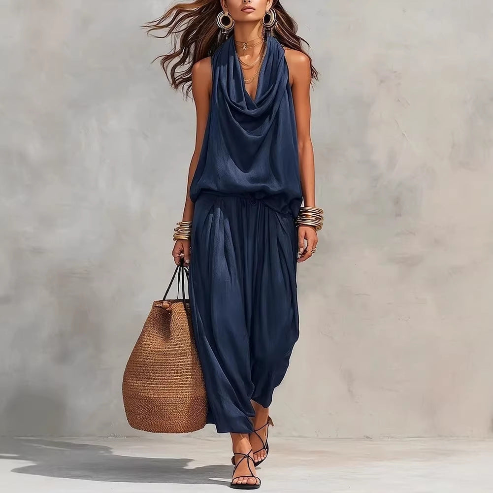 Draped-Neck Vest & Casual Pants Outfit