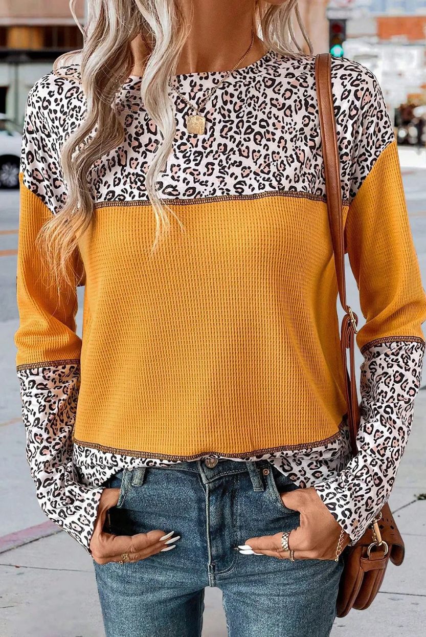 Round-Neck Pullover Leopard Splicing Waffle Sweater