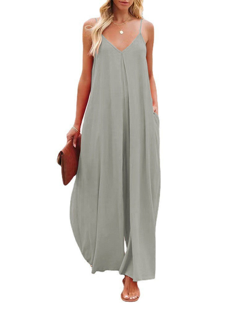 Women's Sling Wide-Leg Pants Solid-Colour Pocket Casual Jumpsuit