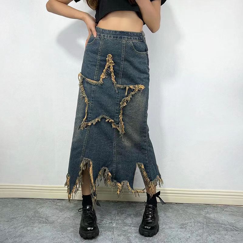 Retro High-Waist Irregular Denim Skirt