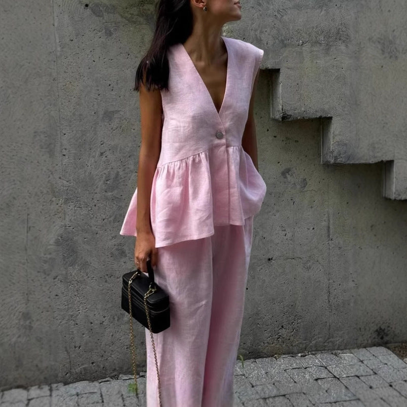 V-Neck Vest & Wide-Leg Pants Outfit