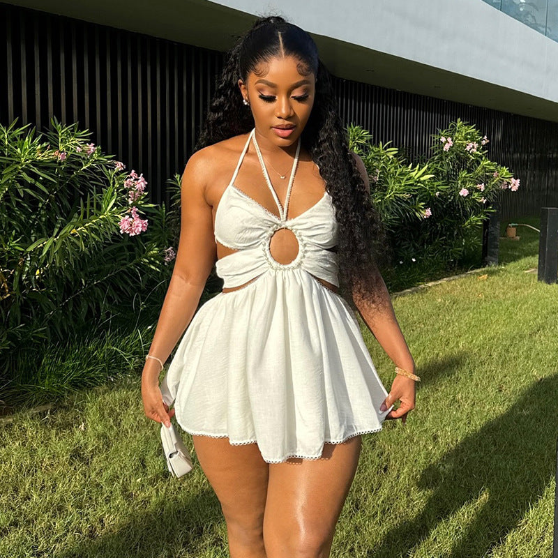 Halter Tether Beaded High-Waist Mini Dress