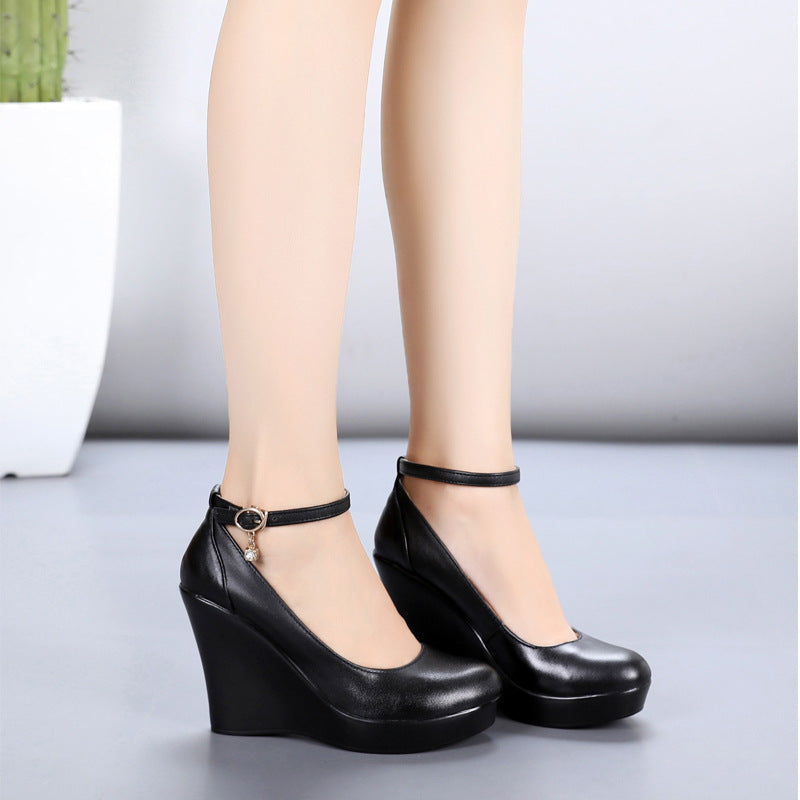 Fashion Ankle Strap High-Wedges Platform Casual Genuine Leather Black Work Shoes For Women