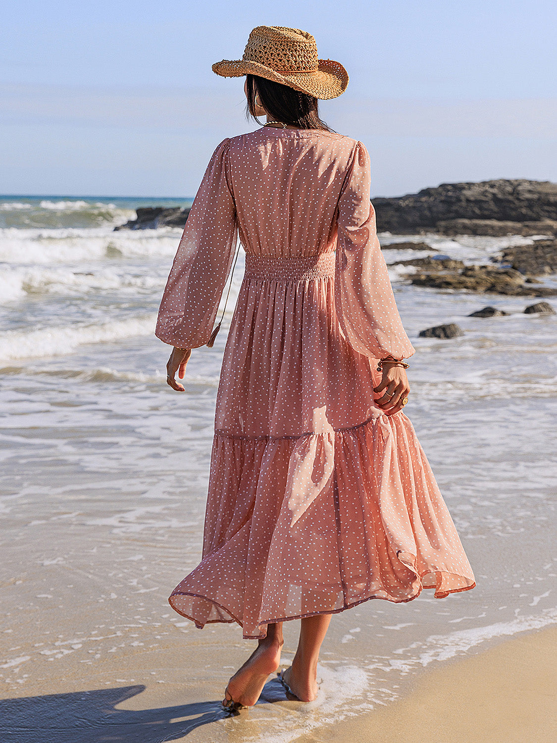 Embroidered Polka Dot Tie-Neck Long-Sleeve Midi Dress - US only
