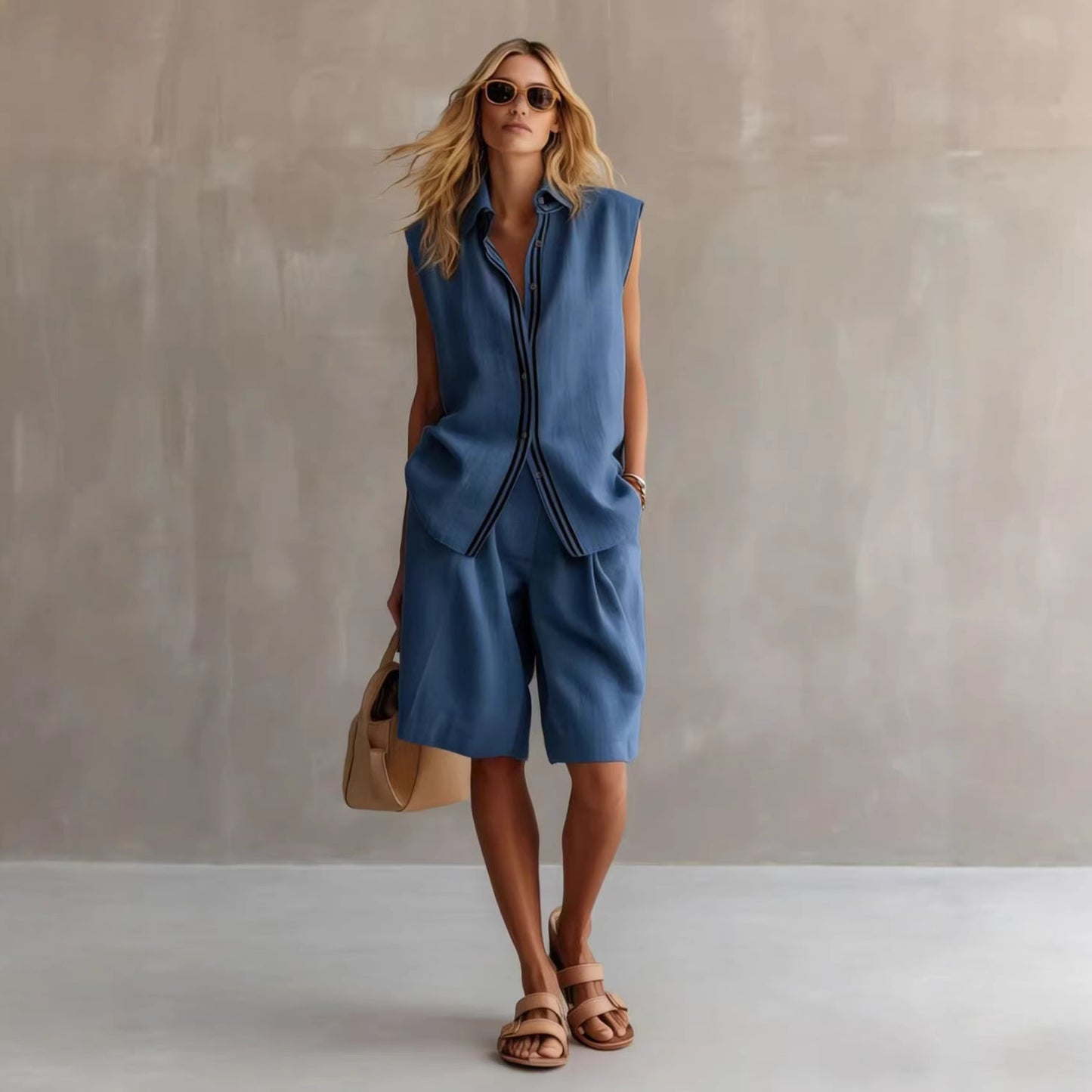 Single-breasted Sleeveless Linen Shirt And Shorts Set