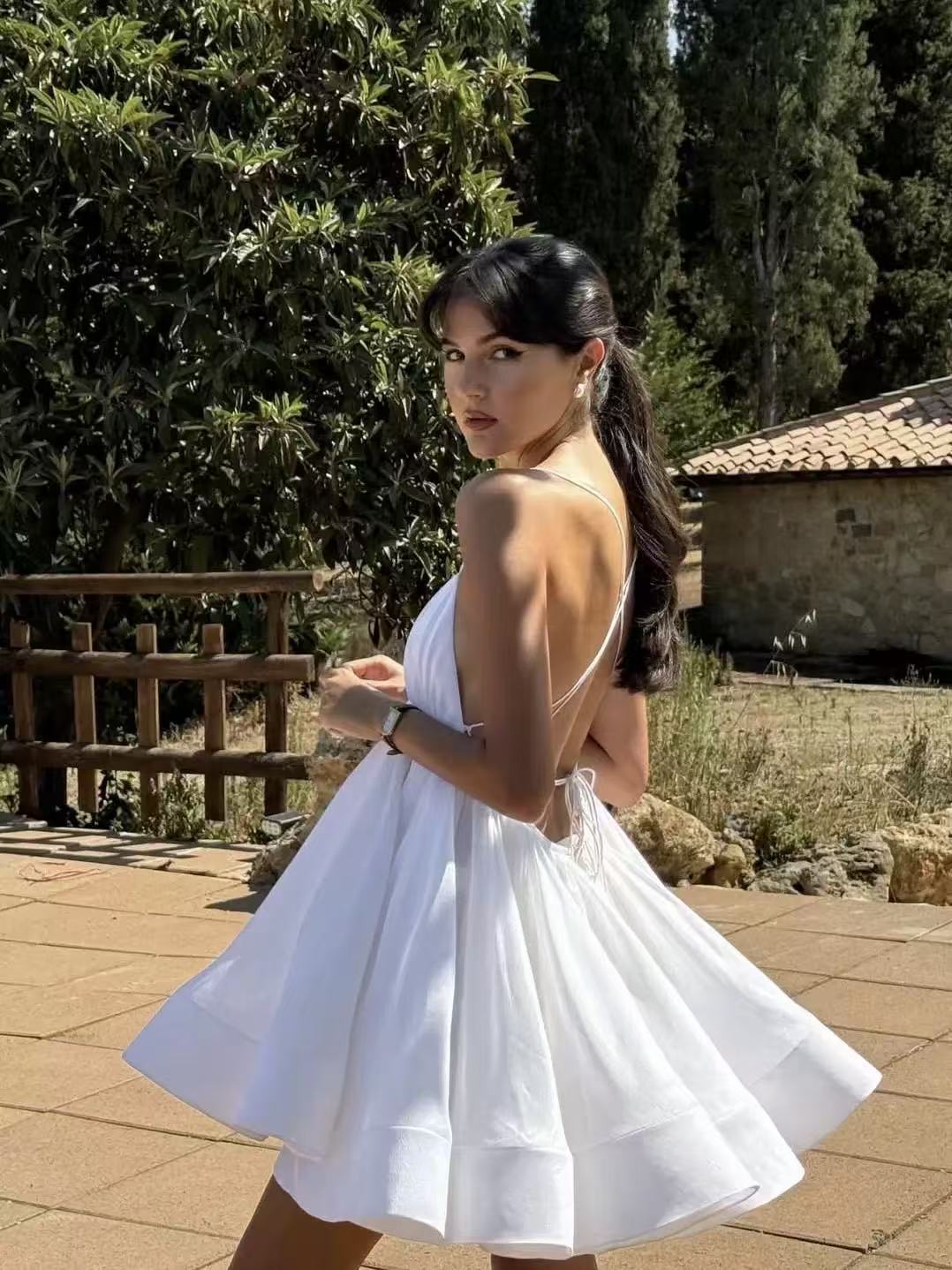 Sexy Sling Deep-V Backless Pleated Dress