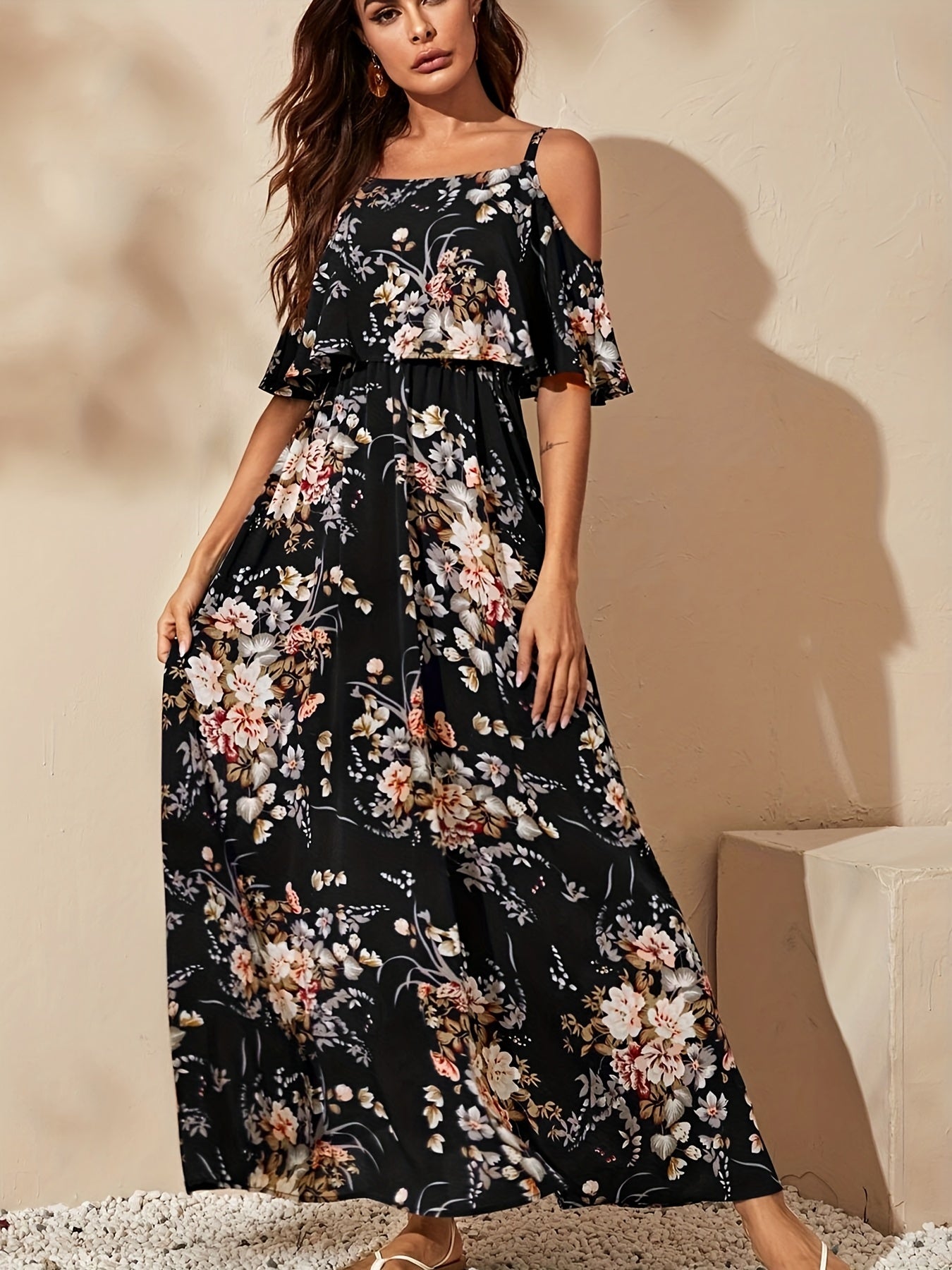 Strappy Floral Off-Shoulder Maxi Dress - US Only