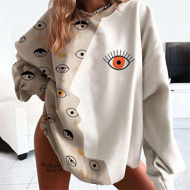 Long-Sleeve Printed Round-Neck Mid-Length Sweater For Women