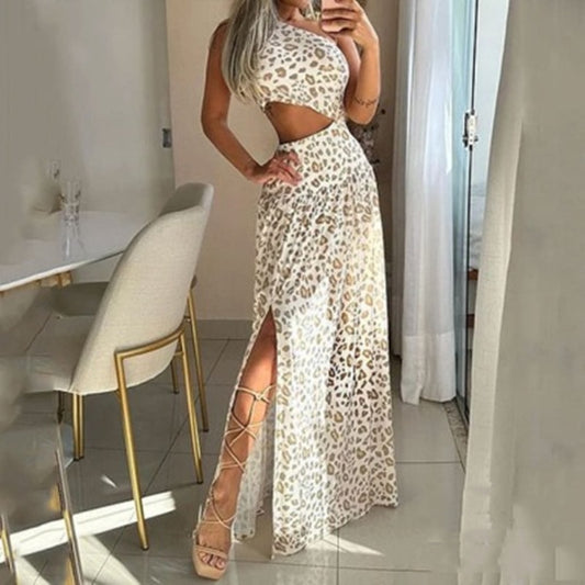 Sleeveless Leopard Print Split-Sling Dress - Street Fashion