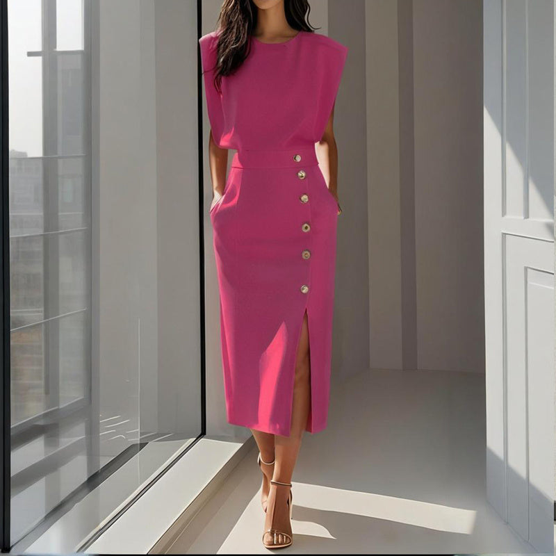 Side-Slit Button & Pockets A-Line Midi Dress - US Only
