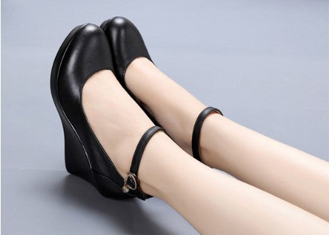 Fashion Ankle Strap High-Wedges Platform Casual Genuine Leather Black Work Shoes For Women