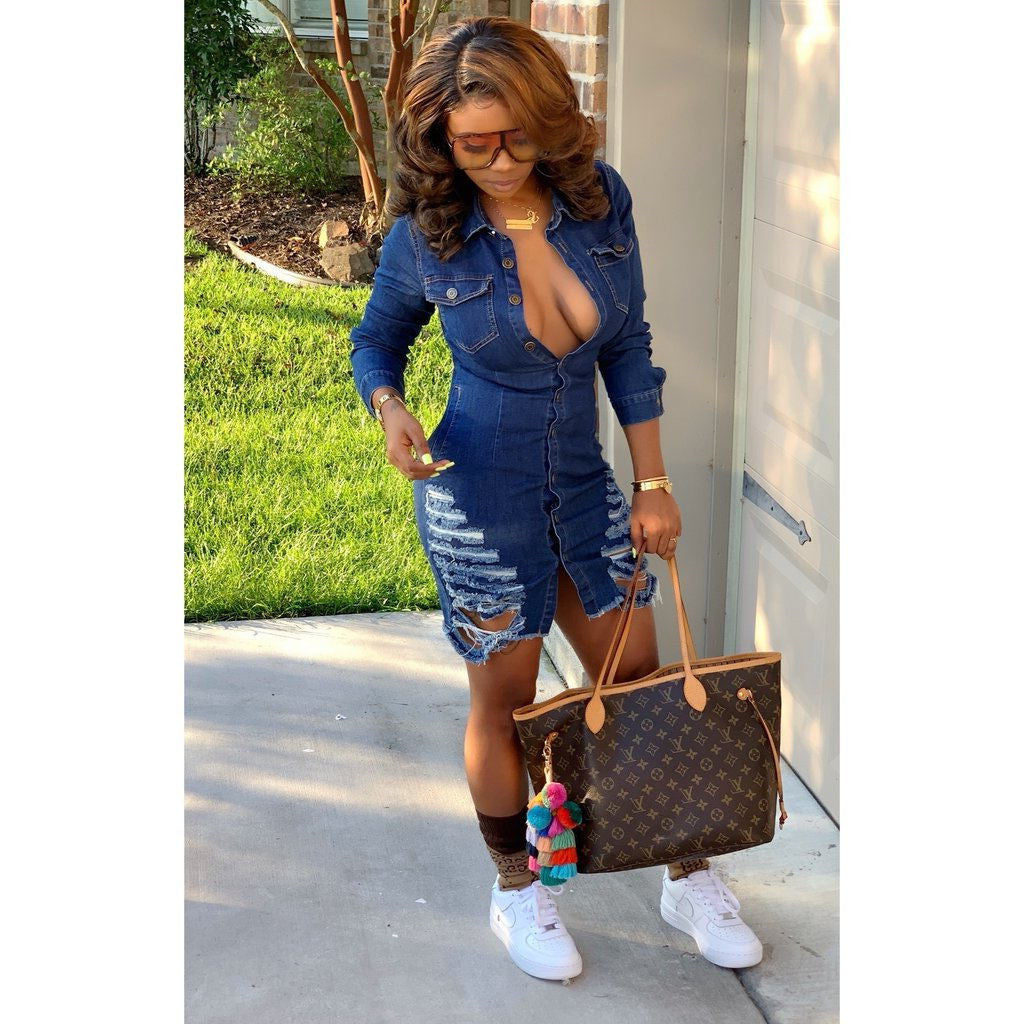 Denim Ripped Holes Dress For Women