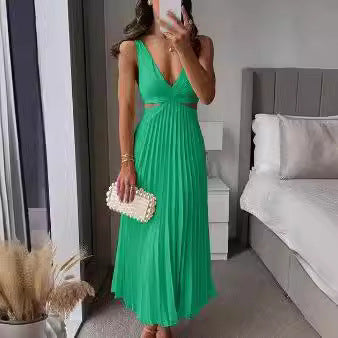 Summer New V-neck Sleeveless Hollow Backless Pleated Dress