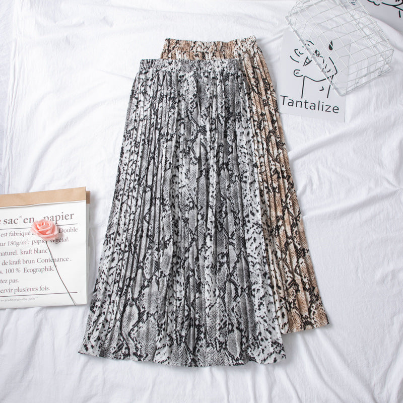 Slimming High-Waist Snake Print Pleated Skirt