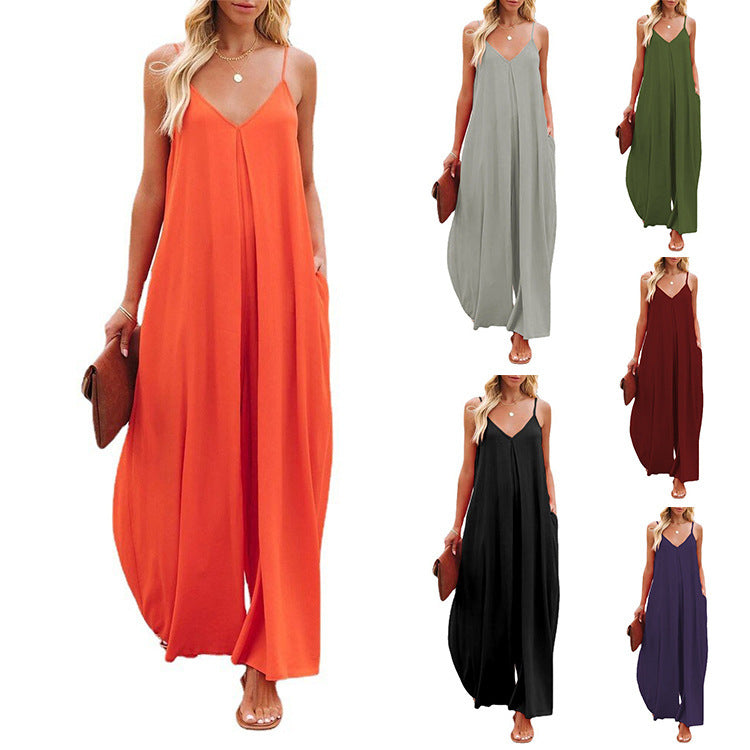 Women's Sling Wide-Leg Pants Solid-Colour Pocket Casual Jumpsuit