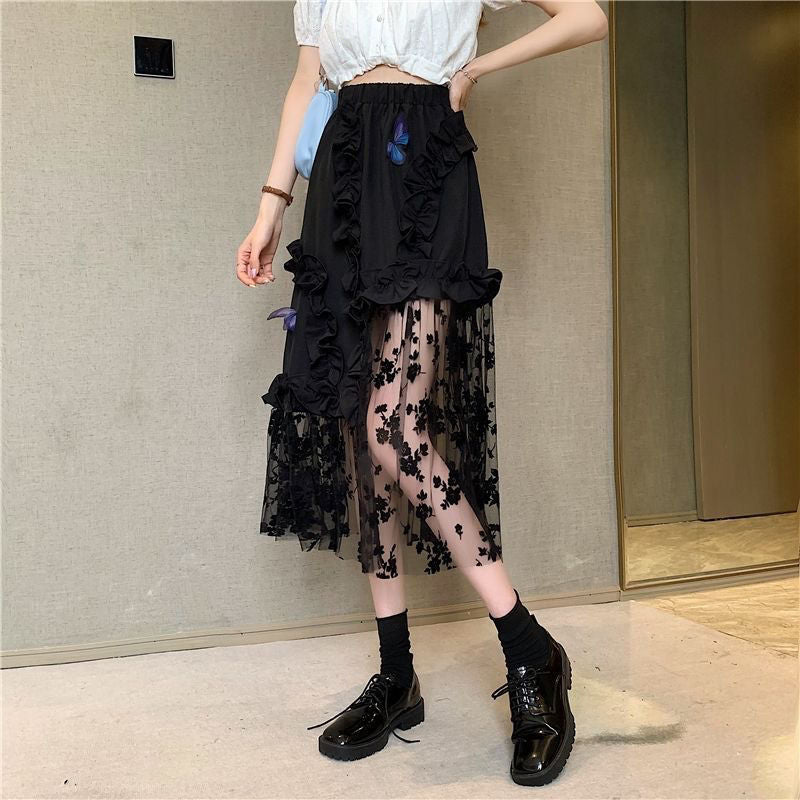 Black Irregular Design Thin Gauze Skirt