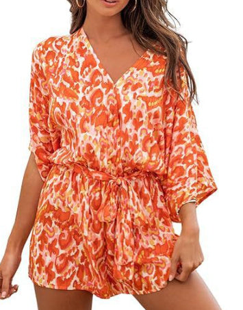 V-Neck Printed Lace-Up Bat Jumpsuit