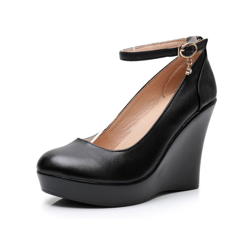 Fashion Ankle Strap High-Wedges Platform Casual Genuine Leather Black Work Shoes For Women