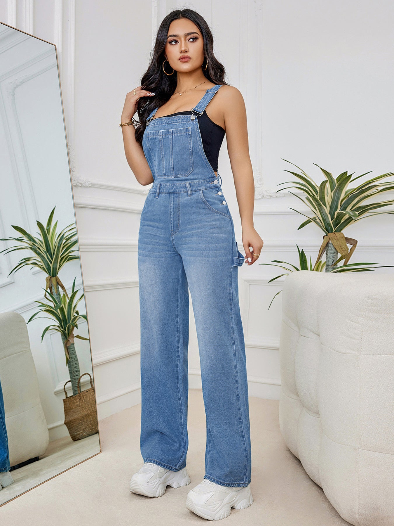 Washed Denim Suspender Pants Outfit