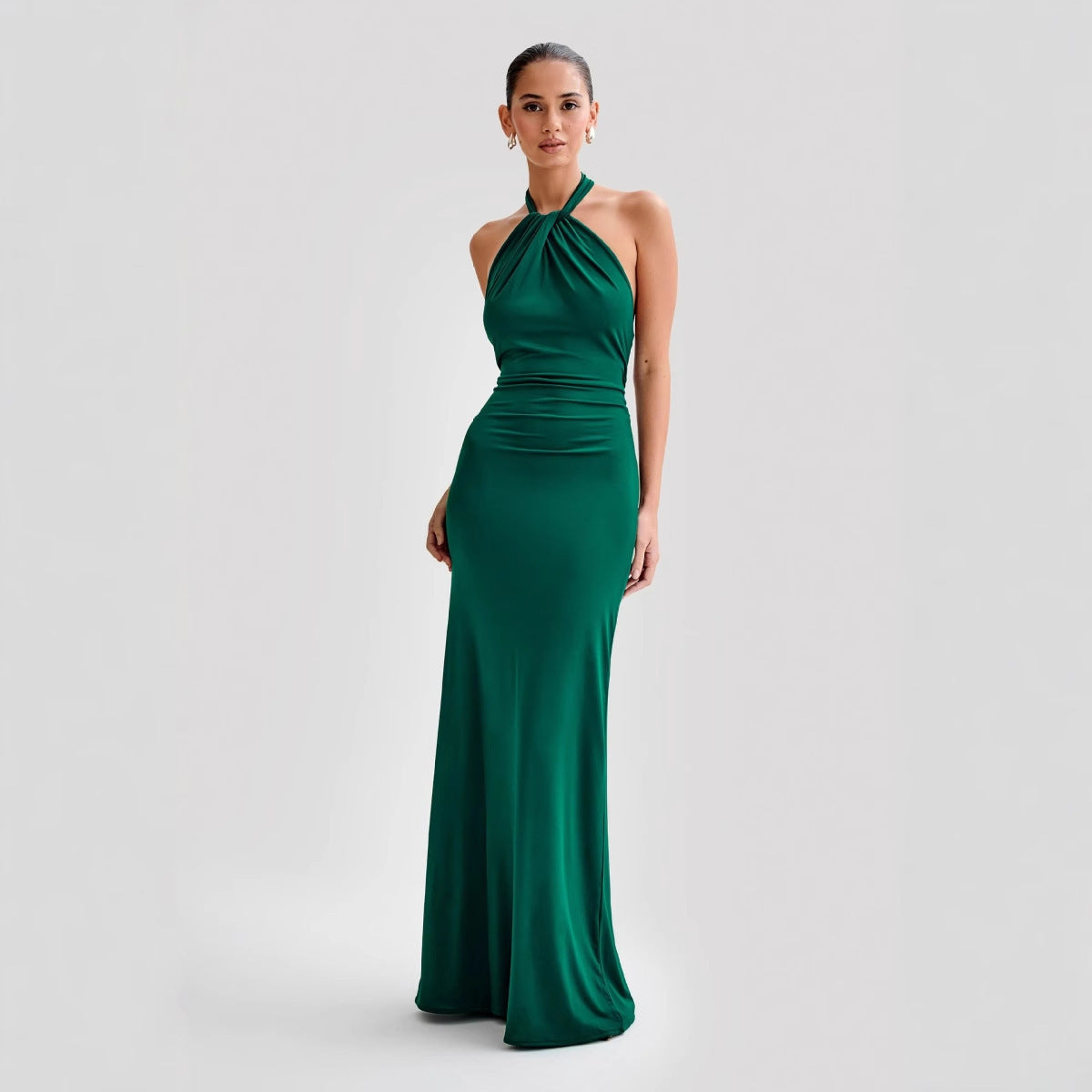 Fitted-Waist Halter Tight Dress With Belt