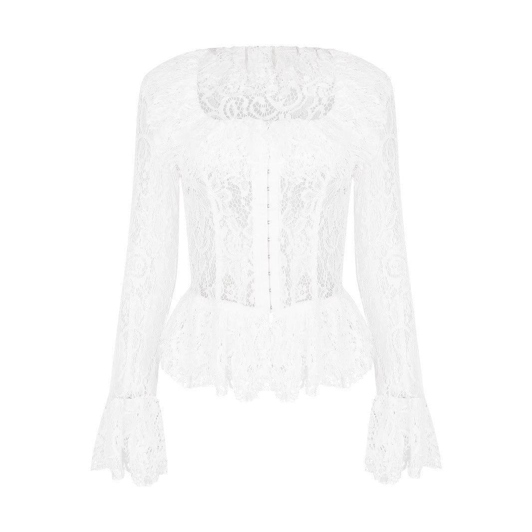 Lace Long-Sleeved Square-Neck Top