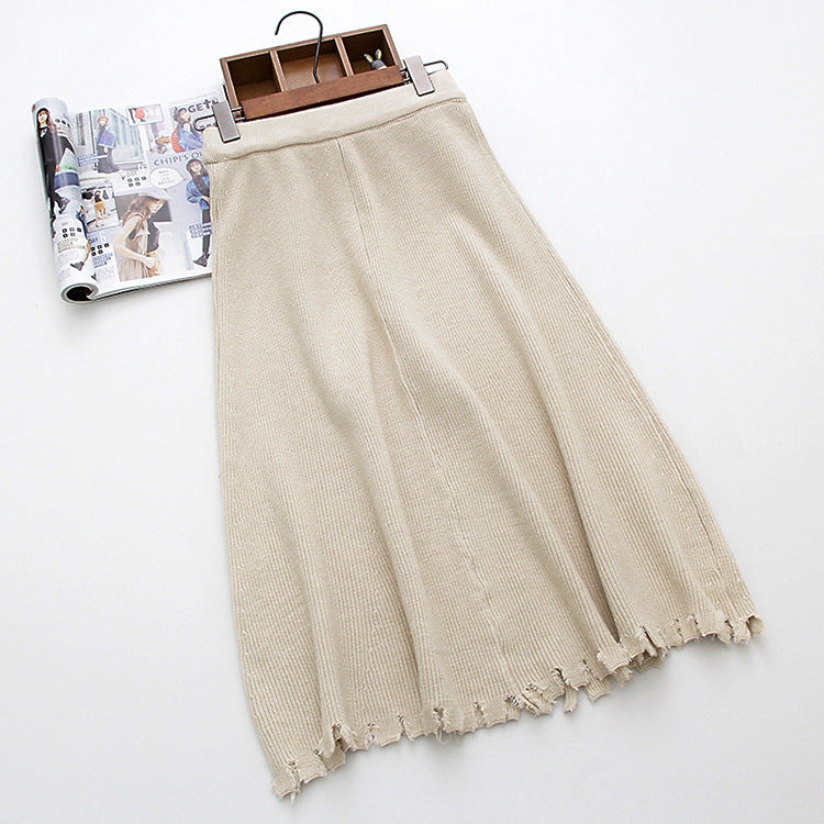 Pleated Knitted Mid-Length Slim A-Line Skirt