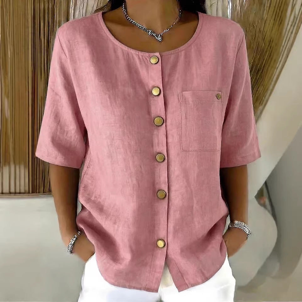 Womens Crew-Neck Shirt With Metal Buttons And Three-Quarter Sleeves