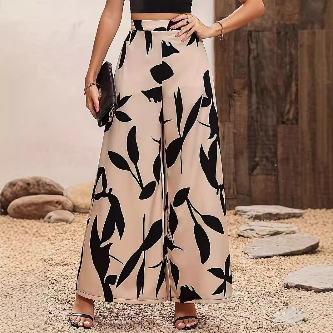 Leaf Print Wide-Leg Casual Pants